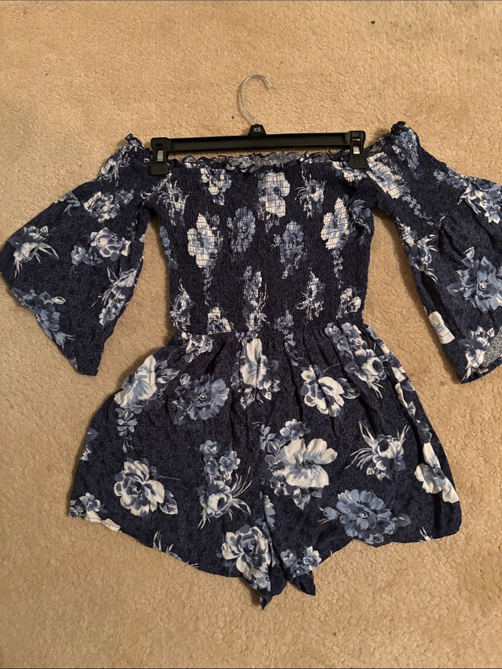 Hollister Navy Blue Floral Off-Shoulder Smocked One-Piece Romper